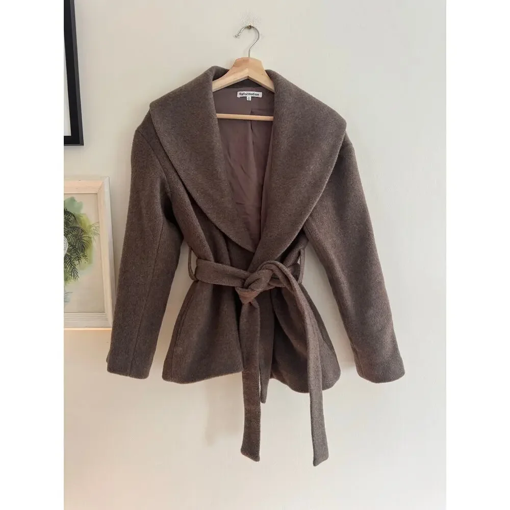 REFORMATION Regent Wrap Coat In Hedgerow Brown Size Small - Picture 3 of 8